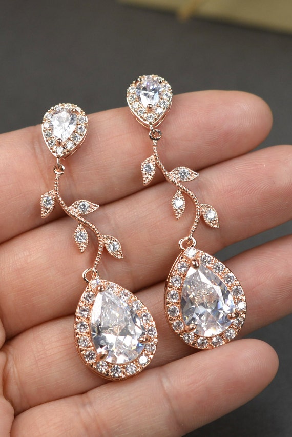 Rose gold Crystal Bridal  earrings Wedding  jewelry set Wedding 