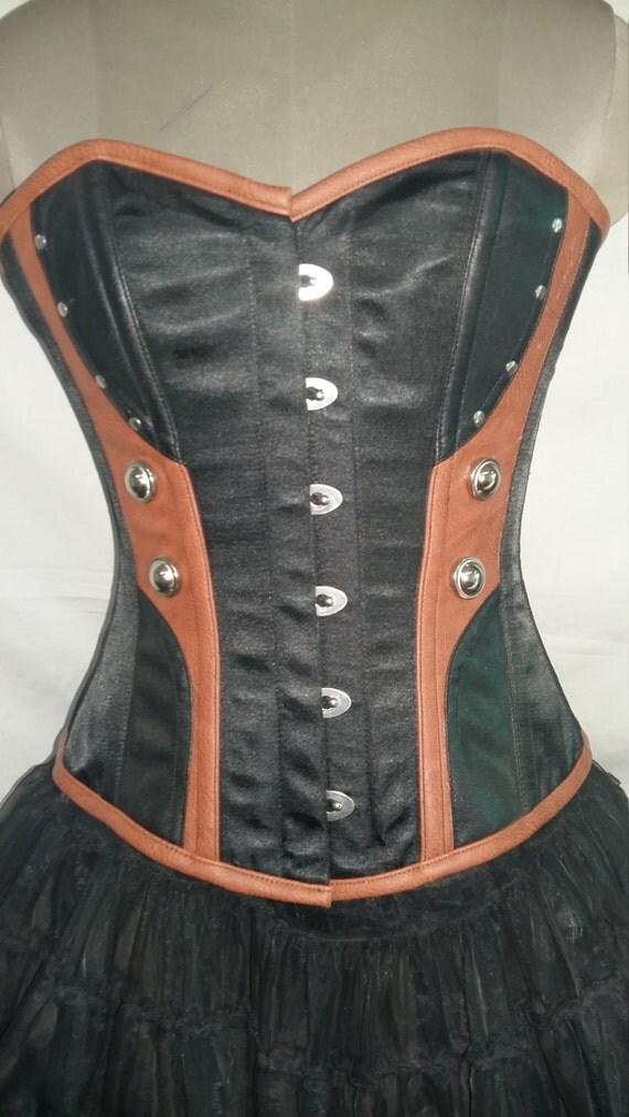 Black Satin Brown Leather Strap Full Bust Corset