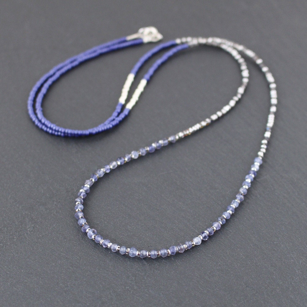 Iolite & Miyuki Seed Bead Long Necklace. Beaded Multi Wrap