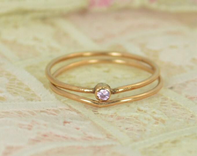Tiny Pink Tourmaline Ring Set, Solid 14k Rose Gold Wedding Set, Stacking Ring, 14k Gold Tourmaline Ring, October Birthstone, Bridal Set