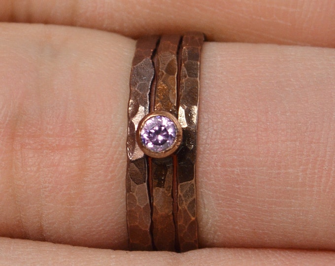 Bronze Copper Pink Tourmaline Ring, Classic Size, Stackable Rings, Mother's Ring, October Birthstone, Copper Jewelry, Pure Copper, Band