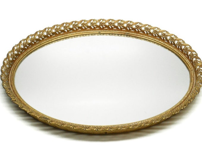 Storewide 25% Off SALE Vintage Elongated Ormolu Gilted Filigree Lace Trim Vanity Mirror Tray Featuring Velveteen Padded Backing