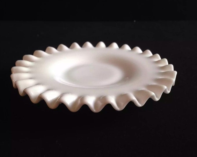 Storewide 25% Off SALE Vintage Fenton Hobnail White Milk Glass Decorative Breakfast Plate Featuring Ruffled Trim Design With Classical Style