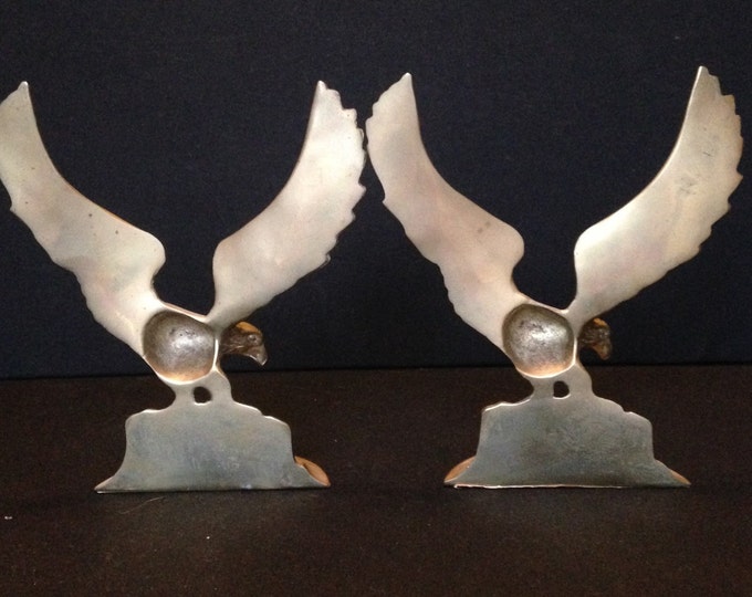 Storewide 25% Off SALE Matching Pair Vintage Heavy Cast Brass Perched Eagle Bookends Featuring Flighted Wings With Highly Detailed Design F