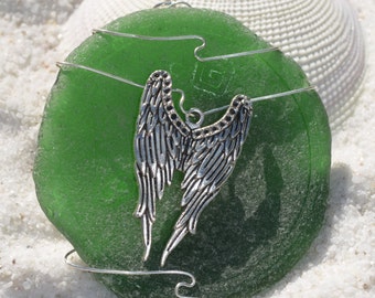 Green Wire Wrapped Sea Glass Ornament with Silver Angel Wings