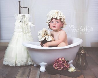 Vintage inspired ruffle bonnet/night cap,prairie bonnet,cap,sitter,newborn,photography prop,newborn,adjustable,