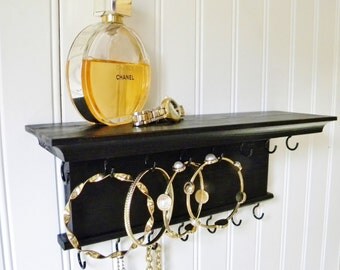 Jewelry Organizer Necklace Bracelet Holder Display 12" - Modern Rustic Design - Wall Mounted Black Finish - Handmade - Cedar Wood