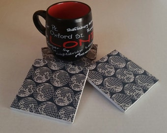 Set of Four Globe Ceramic Coasters / World Map Coasters / Globe Coasters