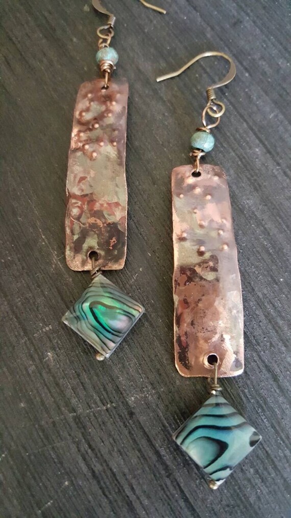 Flame Painted Copper Earrings. Paua Shell by LynnsBeadworkDesigns