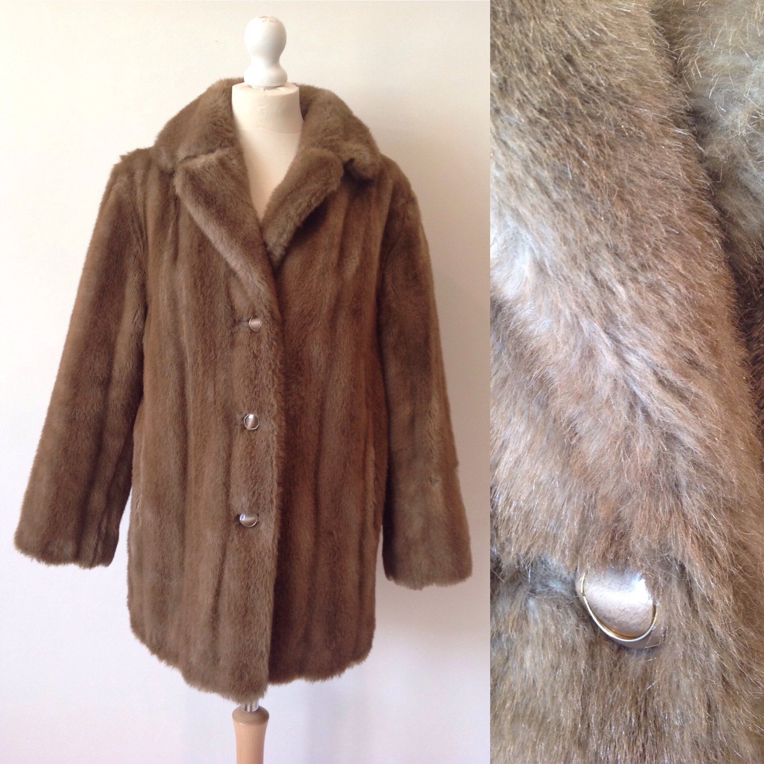 Vintage 60s Brown Faux Fur Coat Retro Glamour Boho Evening