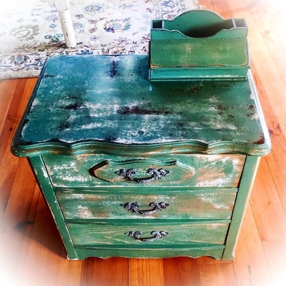Shabby Chic End Table distressed green w/ gold undertones