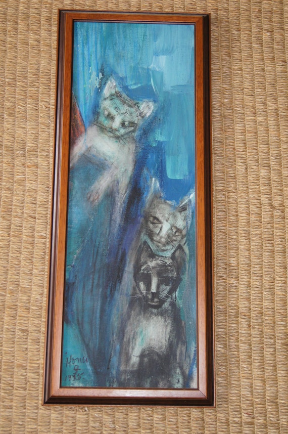 Vintage 1975 Oil Painting of Three Cats in Blue German