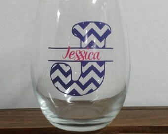 Custom Monogram Wine Glass, Stemless Wine Glass, Chevron Wine Glass, Personalized Wine Glass, Chevron Monogram