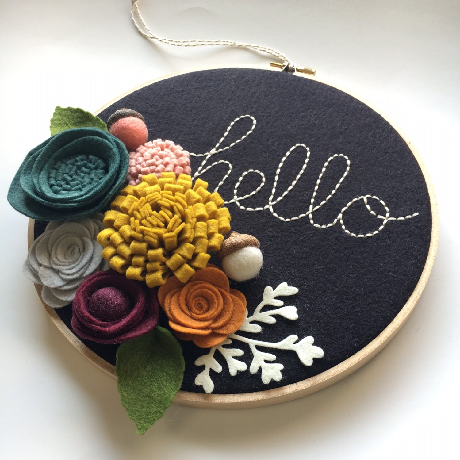 Embroidery Hoop Art Wall Art Hello 3 dimensional felt