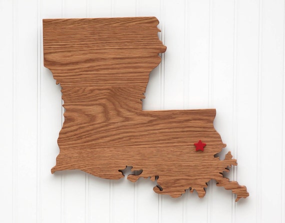 Louisiana state shape wood cutout wall art with heart or star.