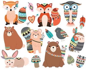 Woodland Tribal Animals Clipart - 300 DPI Vector, PNG & JPG Files - Cute Forest Animals, Fox, Owl, Tribe Clip Art
