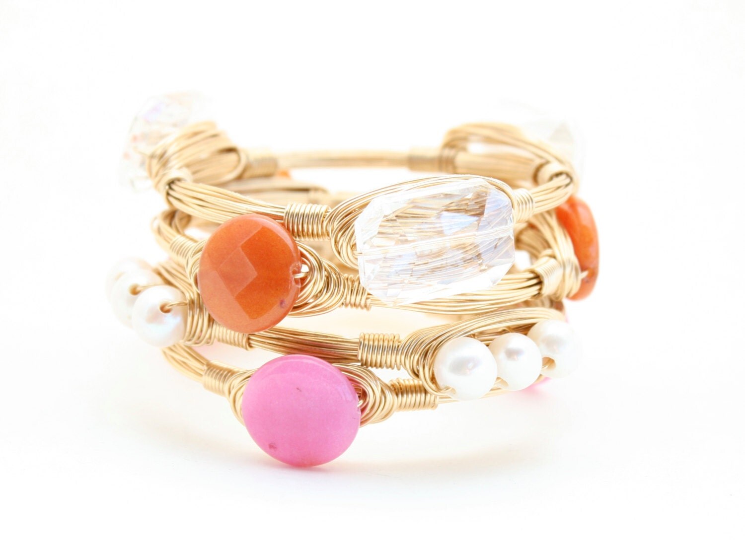 Orange Jade Gemstone Wire Wrapped Bangle Bracelet Game Day