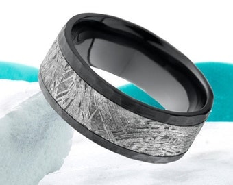 Black Zirconium Meteorite Ring Mens Wedding Band Meteorite Inlay 8mm Hammered Black Anniversary Ring Custom Made Promise Ring Comfort Fit
