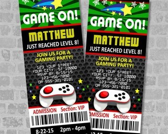 Printed Video Games Party Ticket Invitations, Gaming Birthday Party Ticket Invitation, Custom Video Gaming Truck Ticket Invites