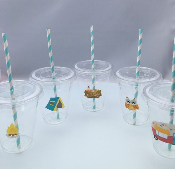 Camping Party Cups with Lids and Straws by MadHatterPartyBox
