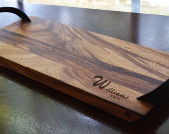 Acacia Serving Tray Personalized Platter with Leather Handles Engraved 16.5x6.25x.75 inches