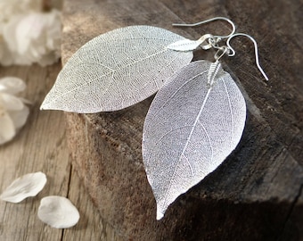 Real leaf earrings, silver dipped leaves, sterling silver leaf earrings, natural woodland jewelry, rustic wedding jewelry, bridal earrings