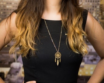 Unique necklace, long necklace, dream catcher necklace, boho necklace, geometric necklace, goldfilled necklace, gift for her, 14K gold.