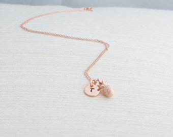 Rose Gold Initial & Pineapple Necklace, Initial Jewelry, Rose Gold Plated Disc Necklace, Rose gold Pineapple Necklace, A great gift idea