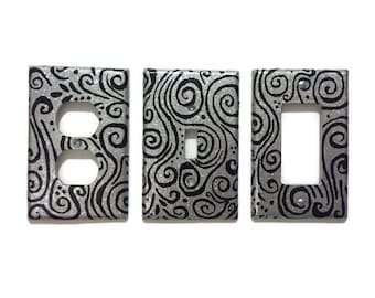 Silver Glitter Hand Painted Light Switch Plate Cover - Painted faceplate - custom size - silver glitter with black swirls