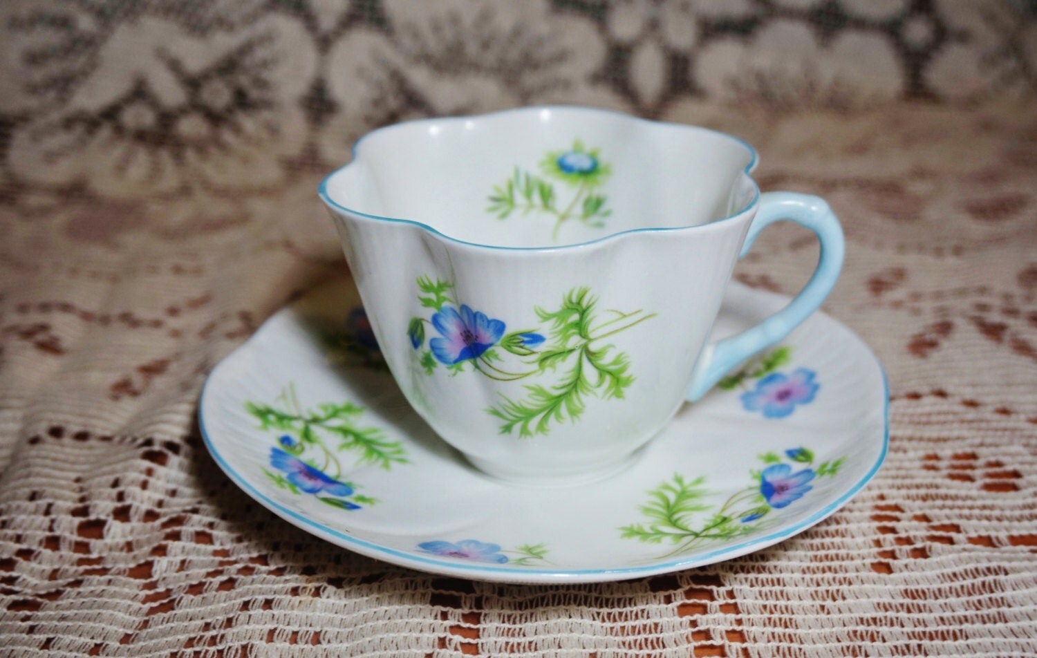 Shelley tea cup and saucer Dainty Blue Poppy Shelley Flat