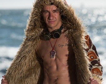 WARRIOR Burning man Fur Coat | Playa jacket | Festival outfit for Men | Festival costume | Boho Coat