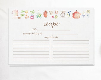 Watercolor Recipe Cards Set of 15 30 or 50 Dessert Theme