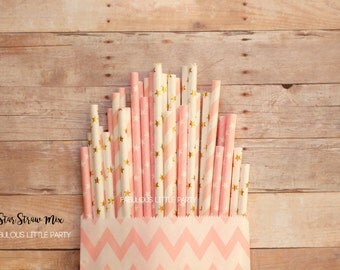 Gold Foil, Pink and White Star Straw Mix Twinkle Twinkle Little Star/Pink First Birthday Decorations/Baby Girl Shower/Country Wedding Decor
