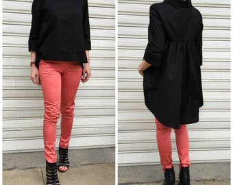 Black Asymmetric Loose Shirt / Asymmetric Tunic Dress / Loose Maxi Blouse / Oversize Cotton Top / EXPRESS SHIPPING