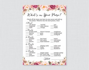 Rustic Pink Floral What's in Your Purse Game - Printable Pink Flower Bridal Shower Purse Game - Pink Garden Bridal Purse Raid Game 0024
