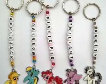 My Little Pony Personalised keyrings/keychains. 5 Ponies to choose from. Ideal Children's Birthday gift. Name/Bag tag, party bag filler