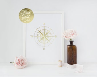 Nautical Compass Gold Foil Print, Compass Poster, Maritime Print, Real Gold Foil, Compass Wall Decor, Nautical Decor, Gold Decor, 8x10 print