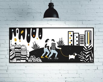 dennipep, city illustration, nordic print, large wall art, wall art print, black and white print, black, white, horizontal, wall decor