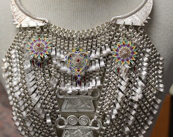 Rare Gorgeous Hmong Asian 1920s/30s Pure Silver Triple Spirit Lock Bib Necklace / Chest Plate with 3 Enameled Starbust Pendants