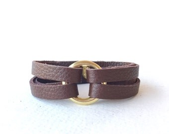 Leather and Brass Bracelet, Brown Leather Wrap Bracelet, Womens Leather Bracelet, Leather Cuff Bracelet, Circle Bracelet, Ring Bracelet