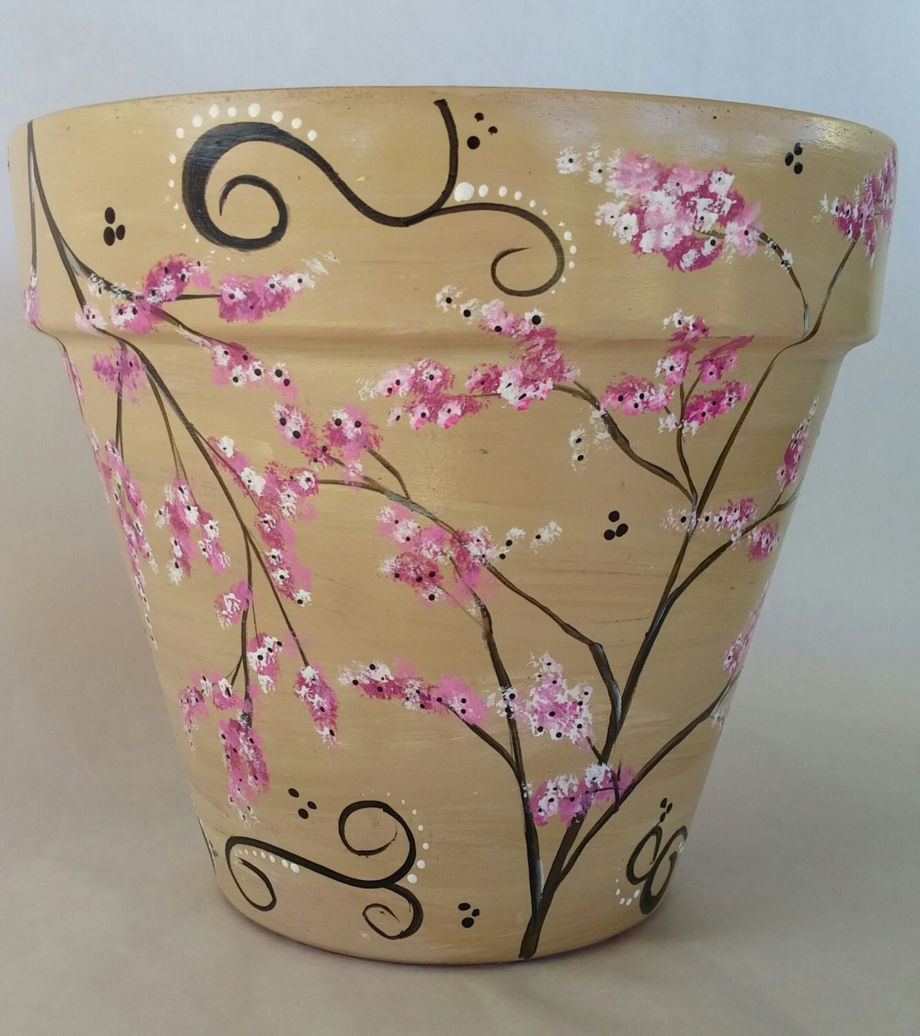 Hand painted flowerpot cherry  blossom pot  hand painted pot 