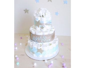 Twinkle Little Star Diaper Cake for baby Boy / Gold Silver Blue Baby Shower Centerpiece decoration / unique gifts favors room decor display