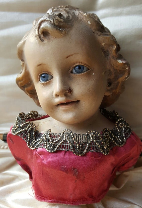 Antique Spanish Baby Jesus Statue Bust Chalkware Religious