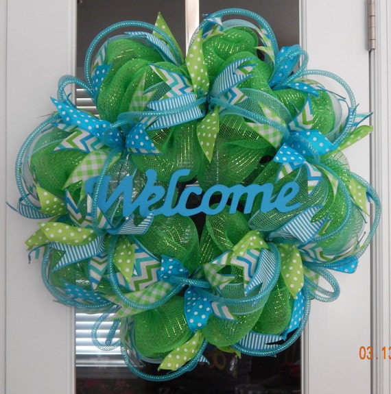 Spring Wreath Blue and Green Wreath Welcome Wreath