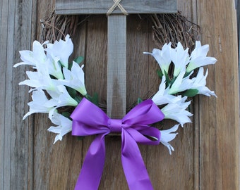 Easter Wreath, Cross Wreath, Easter Decor, Easter Lilly Wreath, Christian Wreath, Spring Wreath, Easter Cross Wreath