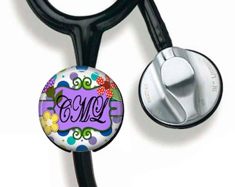 Stethoscope ID Tag, Personalized Name Badge, Monogramed Steth Tag, Polka Dots & Flowers, Nurse Badge Reel 211B