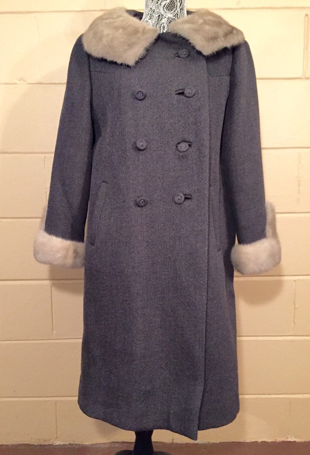 Vintage 1960's Coat Mink Collar Cuffs Trim Double Breasted