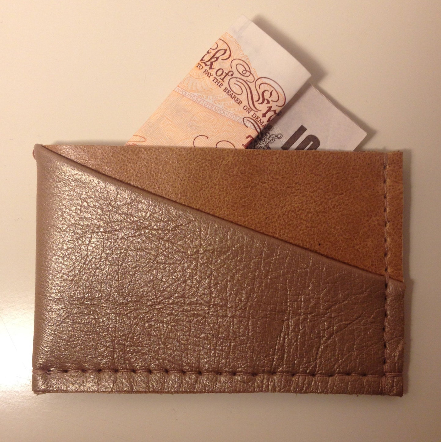 Handmade Real Leather Card & Note Holder Tan Gold by MooKuhLeather
