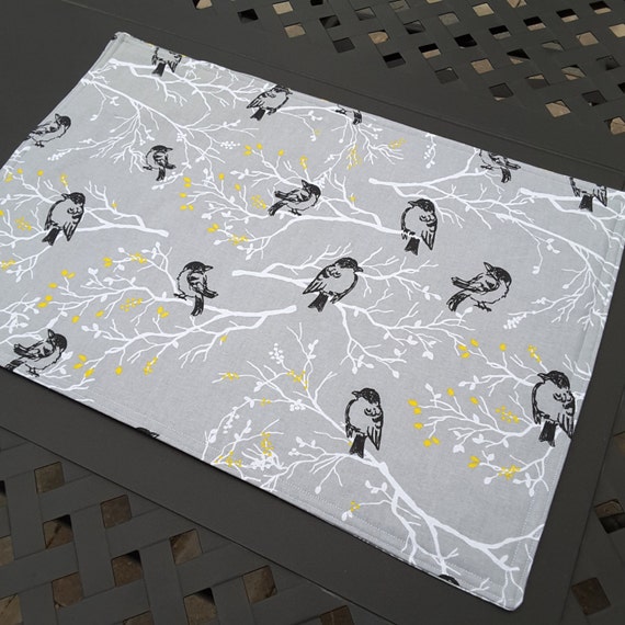 Spring placemats gray and yellow with birds by TheNarrowStaircase