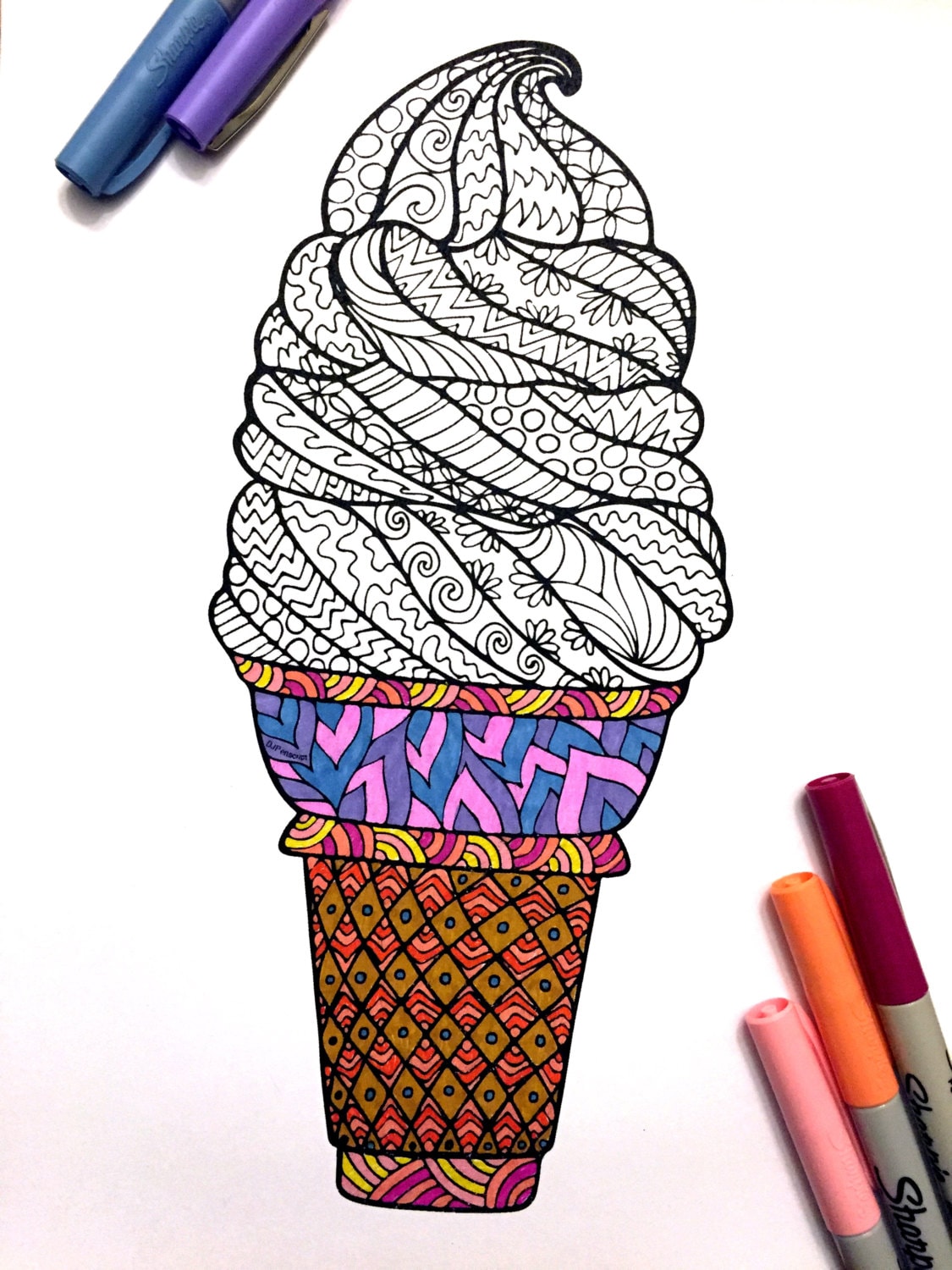 Download Ice Cream Cone PDF Zentangle Coloring Page